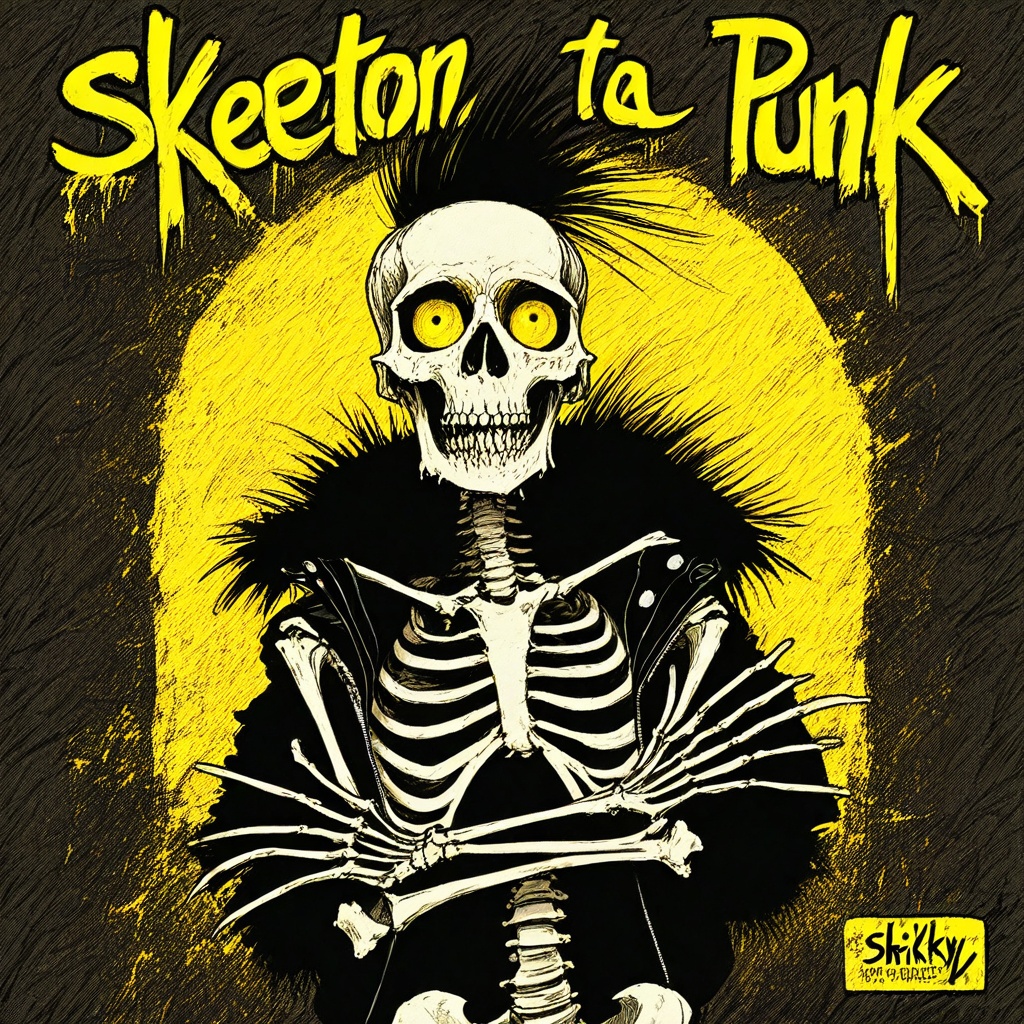 skeleton punk,  skeleton,  featuring a skeletal figure with a punk rock aesthetic. The background is a vivid on Tensor.Art