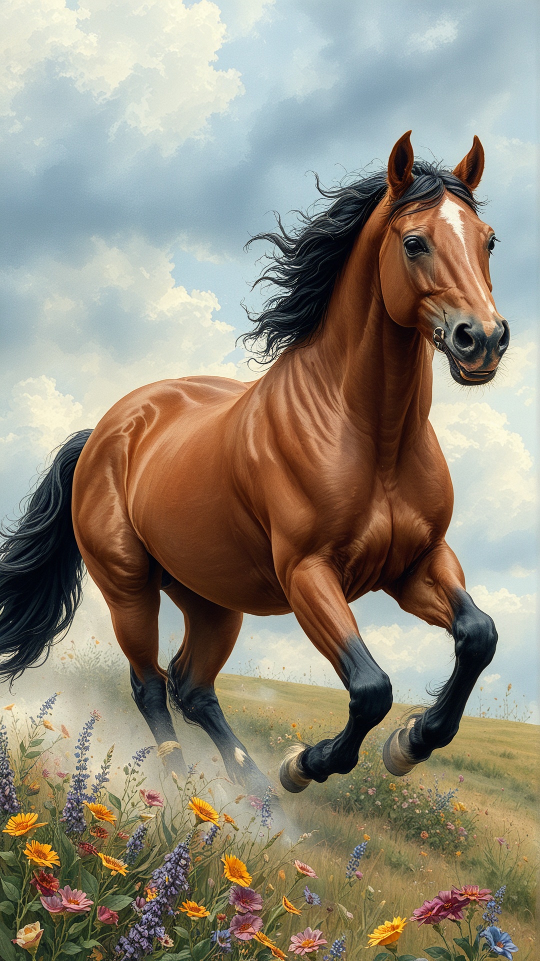 Fl0w3rGr0wnStyle a regal horse galloping freely in an open field on Tensor.Art