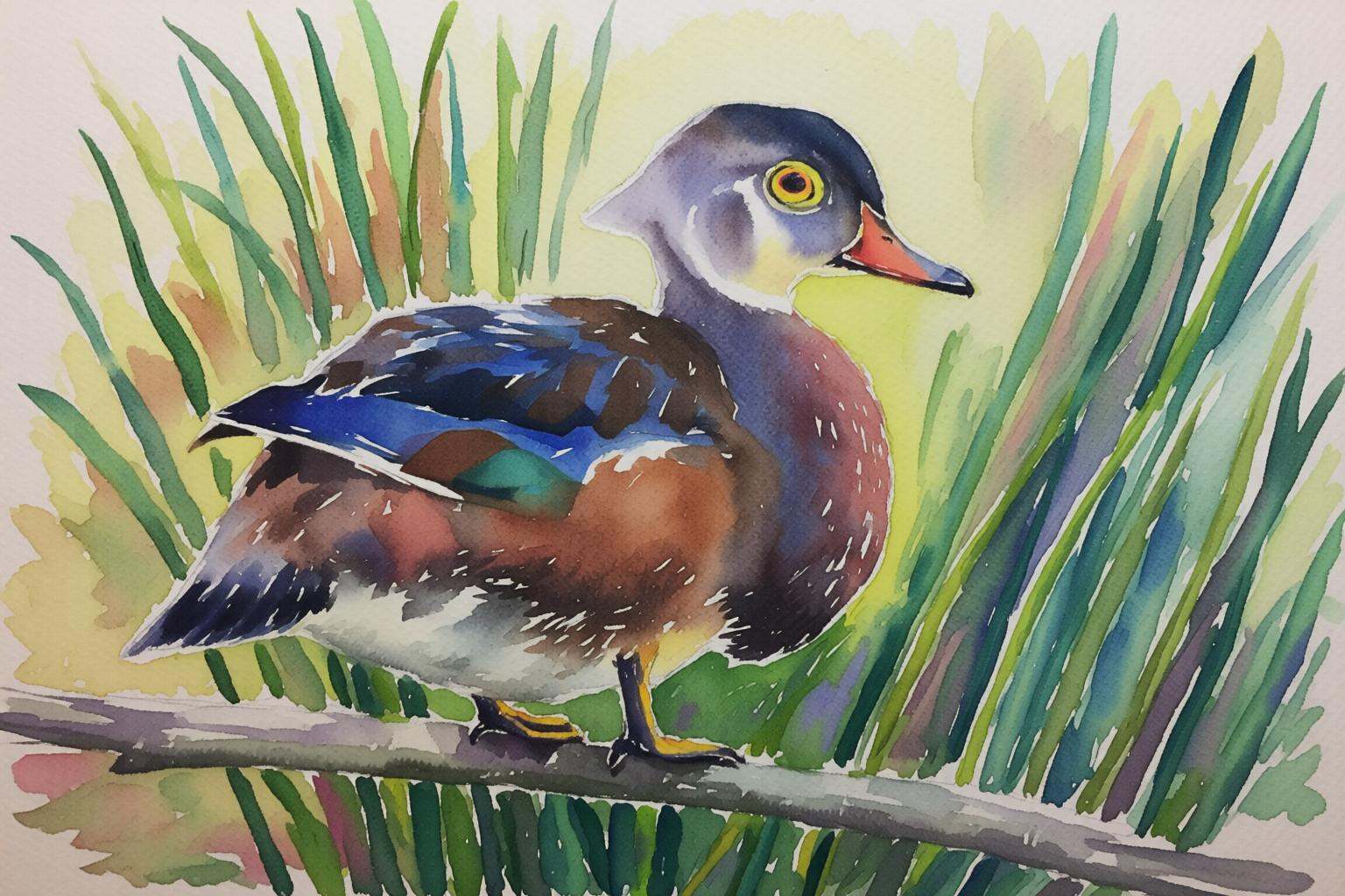 watercolorbasic2q watercolor painting of A duck perched on a horizontal branch. There are water plants behind it. on Tenso...