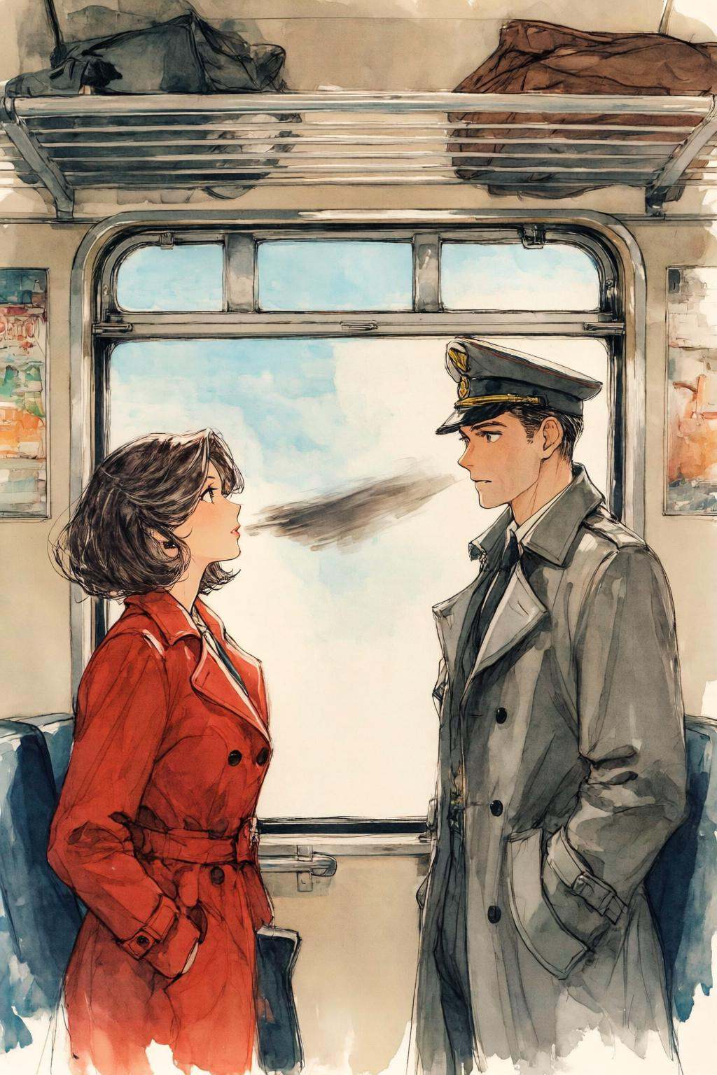 nijiwatercolor1q anime illustration. Inside a train carriage,  a man and a woman stand by the window. The woman on the lef...