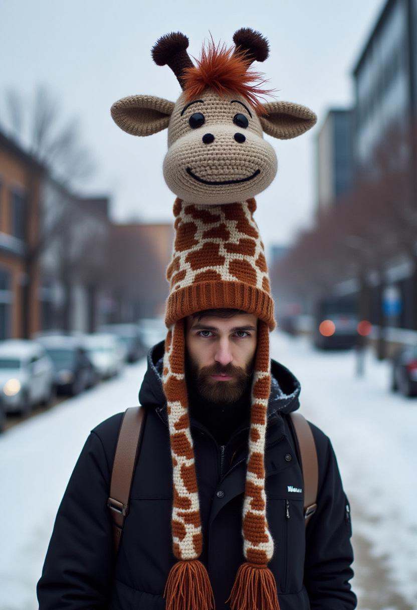 The image is a photograph featuring a person wearing a creative,  tall crocheted hat that resembles a giraffe's neck and h...