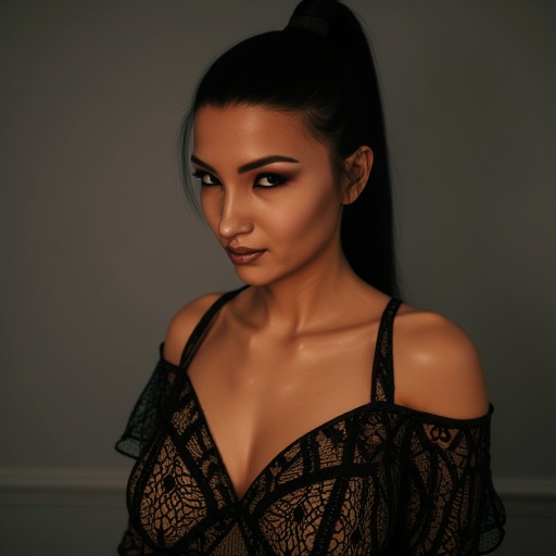 with almond-shaped eyes accentuated by dark eyeliner and mascara,  perky breasts with dark areolas and nipples.,  almond-s...