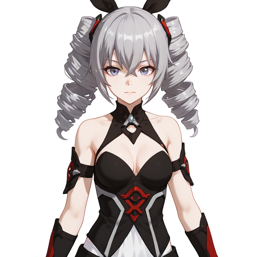 (white background:1.2),looking at viewer,(SOLO:1.4),outline,simple background,upper body, cowboy shot,looking at viewer,(((arms at side))),    bronya zaychik,ahoge,hair between eyes,bangs,twin drills,grey eyes,grey hair,long hair,drill hair,crossed bangs,silver hair,<lora:ya-pony:0.8>
