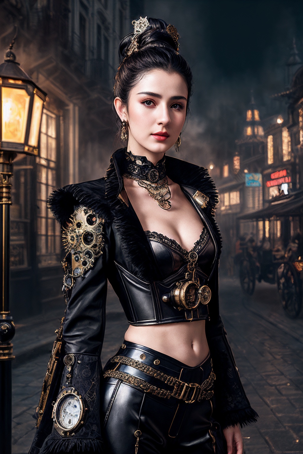 VG09_SoloTI_v1,  (Donning a tailored corseted jacket adorned with brass gears and leather accents,  paired with high-waist...