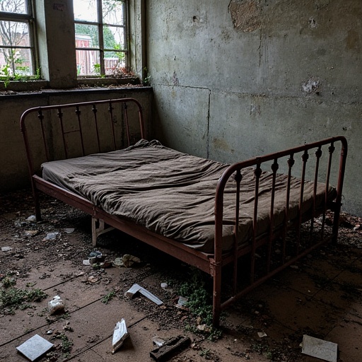 Iron bed,  rusty patina,  propped up on one end and leaning against the wall of a Derelict and abandoned factory interior...