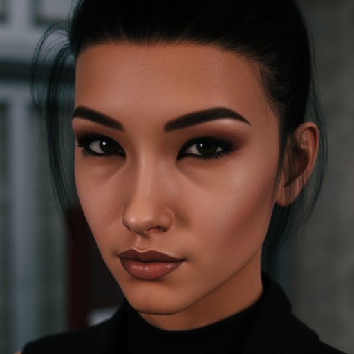 and her hair is styled in a high,  and she has high cheekbones,  The image is a highly detailed CGI rendering in a photore...