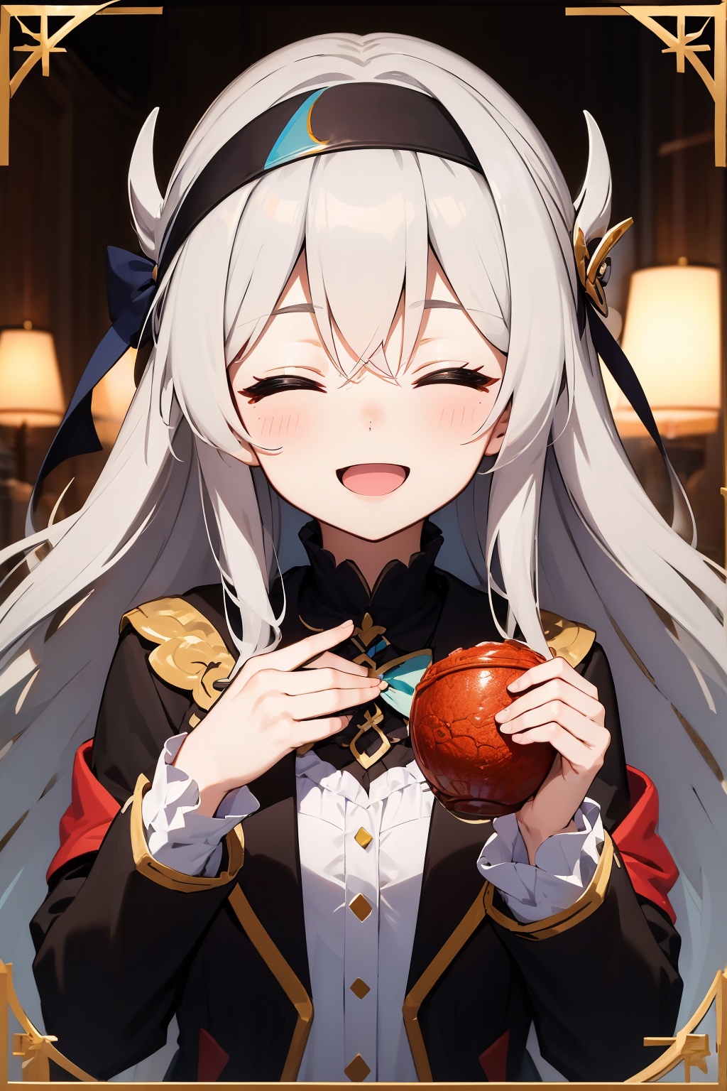 1girl, long hair, solo, smile, closed eyes, facing viewer, long sleeves, open mouth, holding, hairband, black hairband, jacket, black jacket, white shirt, blush, upper body, grey hair
