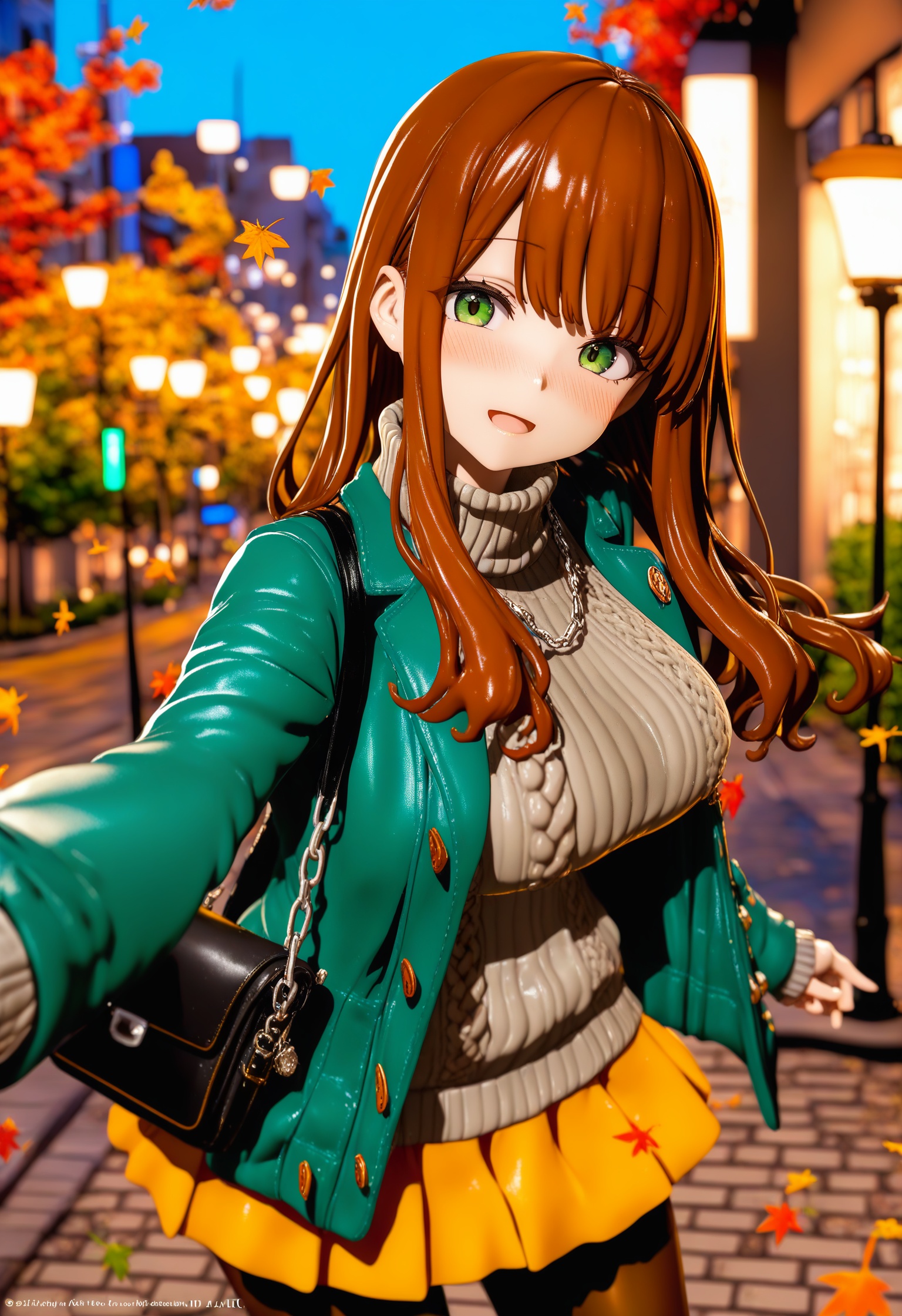 best quality,masterpiece,absurdres,newest,<lora:GENESIS_MK0.2:1>,(pvc:1.4),(nj \(annj\)),(nj (annj)),1girl, skirt, brown hair, blush, pantyhose, bag, solo, open mouth, sweater, looking at viewer, breasts, smile, long hair, outdoors, bangs, blurry, turtleneck, jacket, green eyes, lamppost, pleated skirt, yellow skirt, turtleneck sweater, eyebrows visible through hair, blurry background, large breasts, ribbed sweater, black legwear, handbag, open clothes, depth of field, road, brown eyes, street, long sleeves, autumn leaves, cowboy shot, open jacket, miniskirt, medium breasts, blue jacket, leaf, standing, aran sweater, green jacket, reaching out, tree, day, autumn, grey sweater, shoulder bag, sidelocks, building, brown legwear, city,a digital illustration in an anime style, featuring a young woman with a cheerful expression, she has long, wavy brown hair with bangs, and large, expressive green eyes, her skin is fair, and she has a blush on her cheeks, indicating a sense of shyness or embarrassment, she is wearing a form-fitting, high-necked turtleneck sweater in a light beige color, paired with a short, yellow skirt that is tied at the waist with a black belt, her outfit is completed with a teal cardigan that is open at the front, revealing a black crossbody bag with a silver chain strap, the background shows a city street at night, with blurred, out-of-focus streetlights and buildings in various colors, including red, orange, and yellow, the street is lined with cobblestones and there are trees with green leaves, suggesting a serene, urban setting, the overall mood of the illustration is lively and lively, with a touch of nostalgia, ,