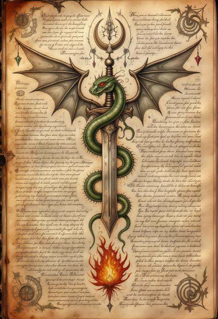 spllbkpg,  On a tattered piece of parchment,  an elaborate diagram showcases a winged serpent coiled around a burning swor...