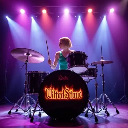 A young woman,  30,  Stilya plays a classic drum kit. In the center of the frame is a drum kit consisting of a bass drum o...