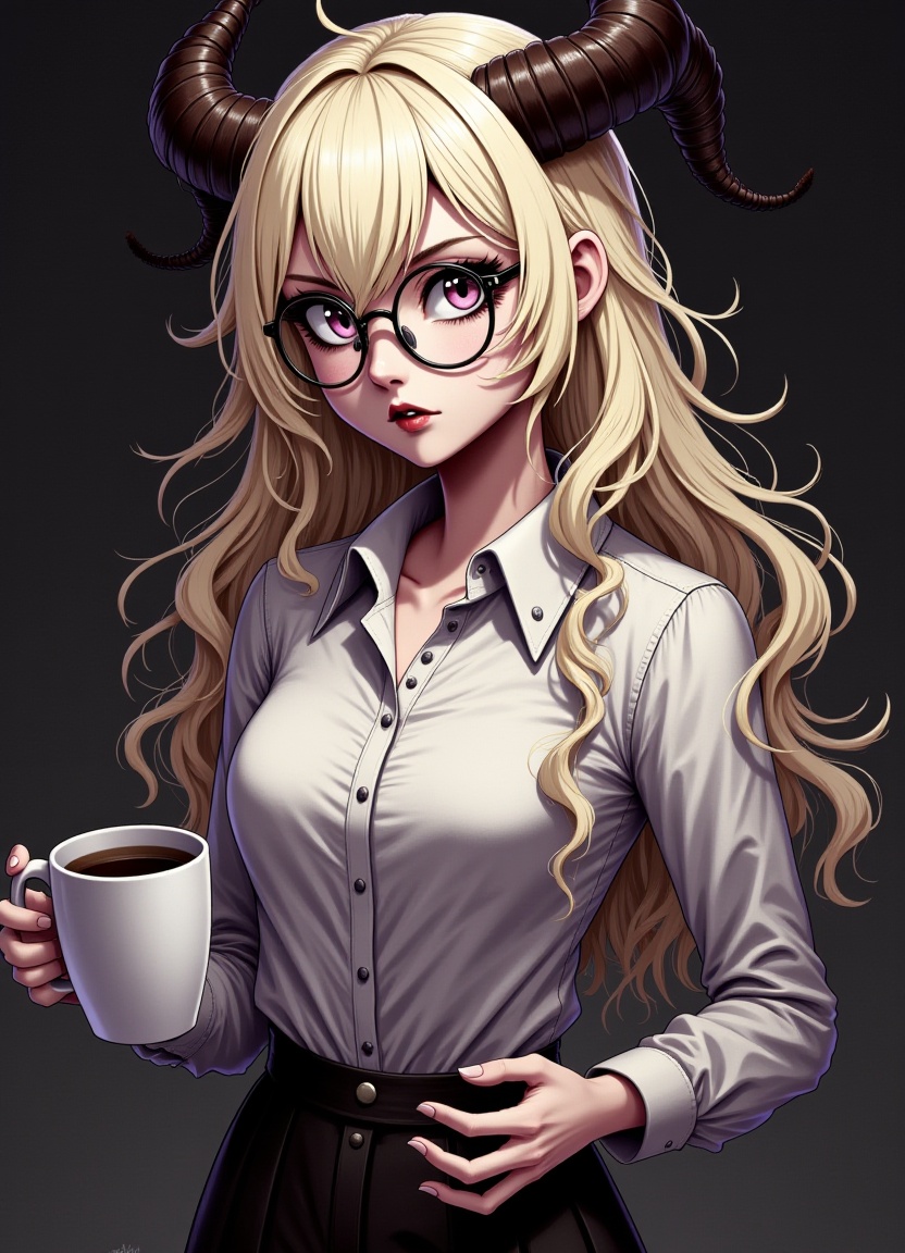 A young woman with SFW attributes and wavy long platinum blonde hair stands out against a dark background. She wears glass...