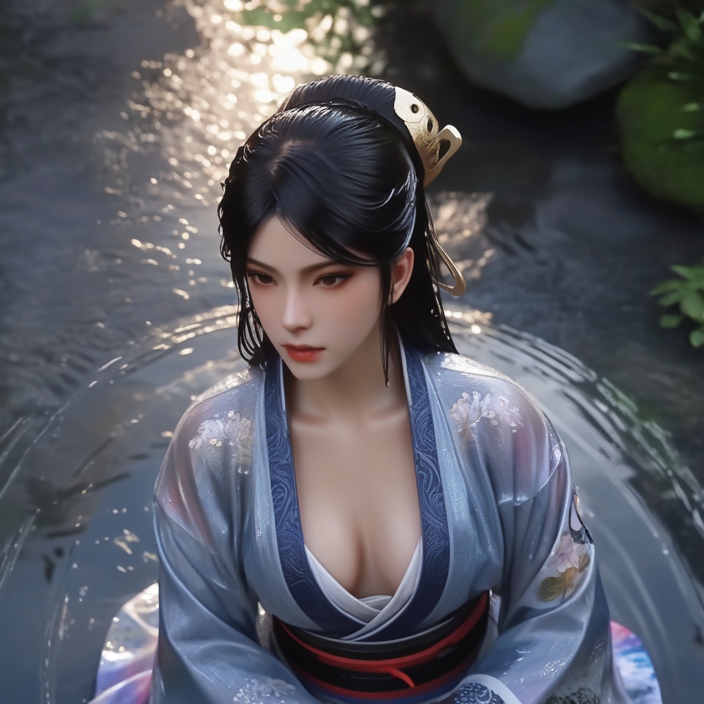 <lora:839-DA-XL-少年白马醉春风-温珞玉:0.6>, (,1girl, ,best quality, ),,  ,(Highest picture quality), (Master's work), , (ultra-detailed), the portrait is centered, 1girl, raiden shogun, nsfw, (wet clothes), blush, bare hips, (sheer shirt), (from above:1.7), (translucent dress), water drop, (rain), (outdoors), stained, wet hair, wet dress, wet, scenery, (long hair), nature background, close up, ((on back)), water,masterpiece, best quality, ultra high res, highly detailed, (abstract expressionism art:1.4), [girl | fire ghost:10], love,, dark rainbow theme, colorful, visually stunning, beautiful, gorgeous, emotional, intricate, perferct shading, rainbow hair,(sit),  ,(cleavage),,