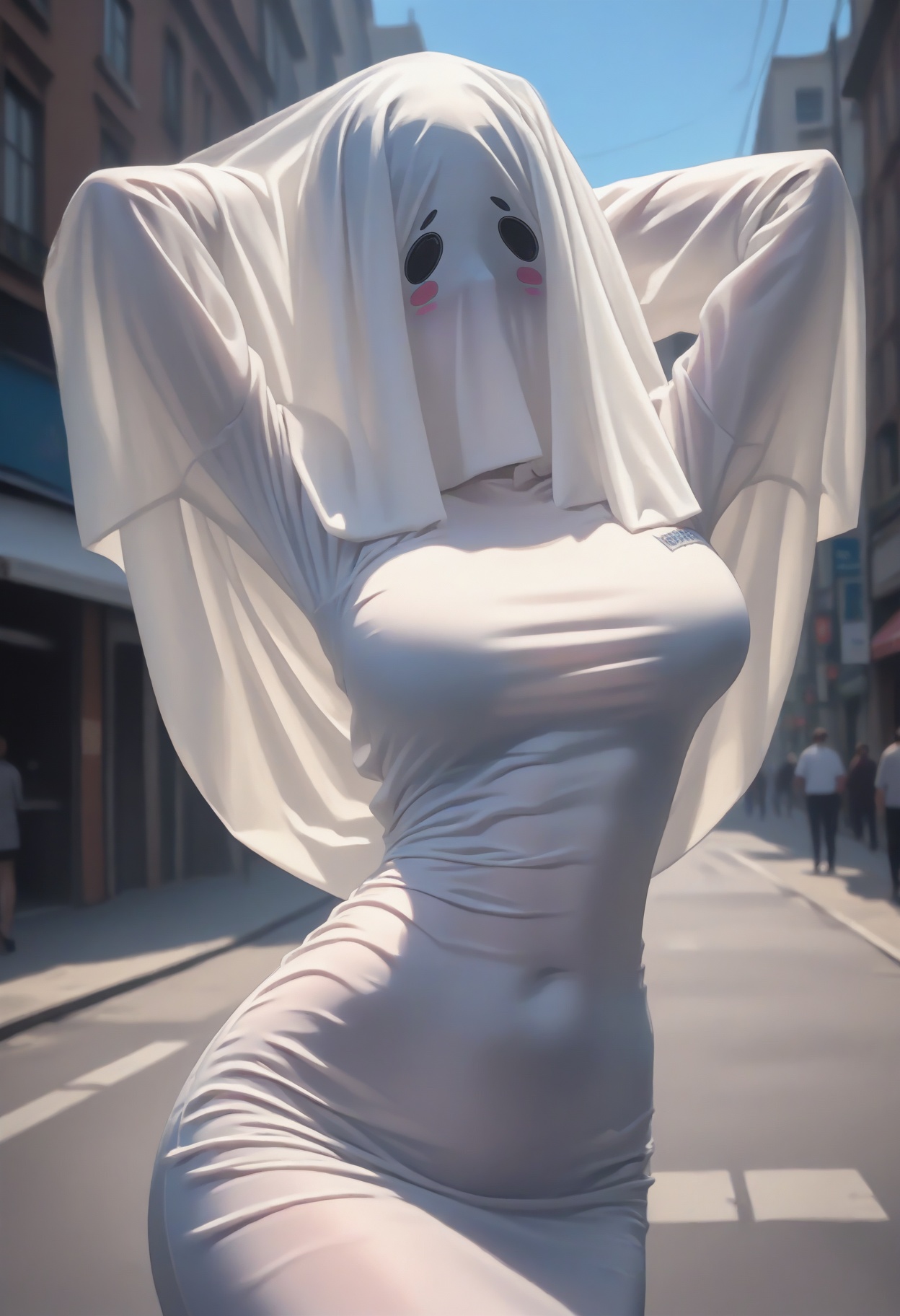 score_9,score_8_up,score_7_up,score_6_up,highres,aesthetic,background of urban streets,source_anime,masterpiece,raw,high-resolution,(detailed),(photograpy),large breasts,depth of field,wide_shot,ghost costume,1girl,blush stickers,solo,breasts,ghost,<lora:youling:1.2>,dress,arms behind head,