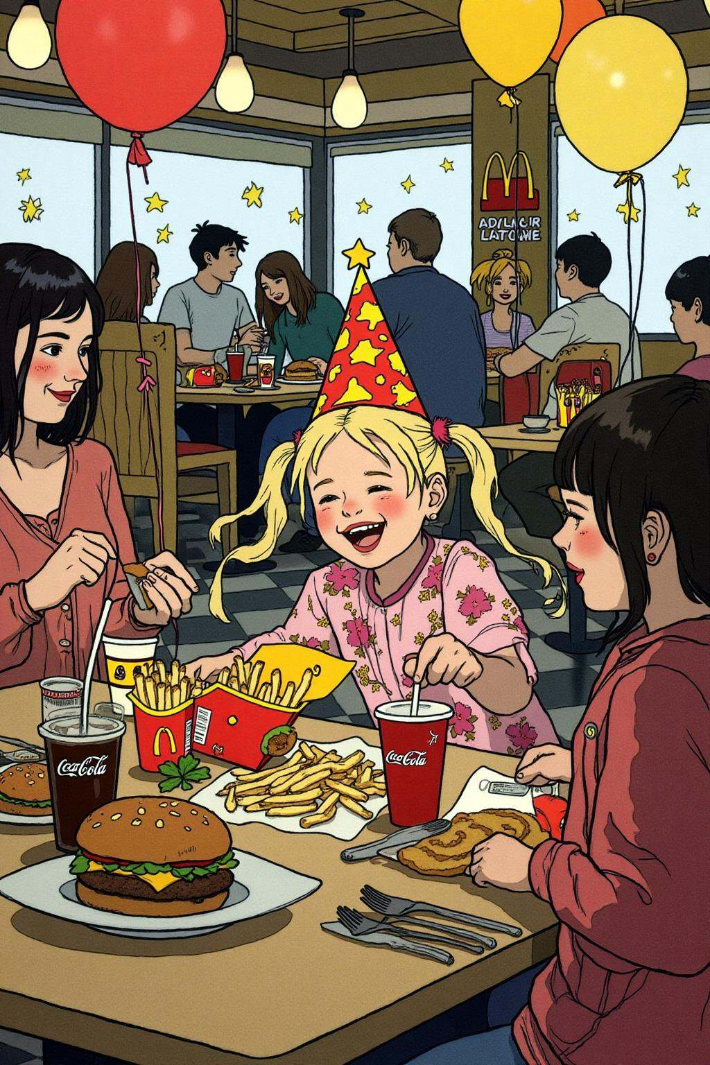 ivanbilibin1 illustration. A four-year-old girl with twin pigtails is celebrating her birthday at McDonald's,  a place tha...