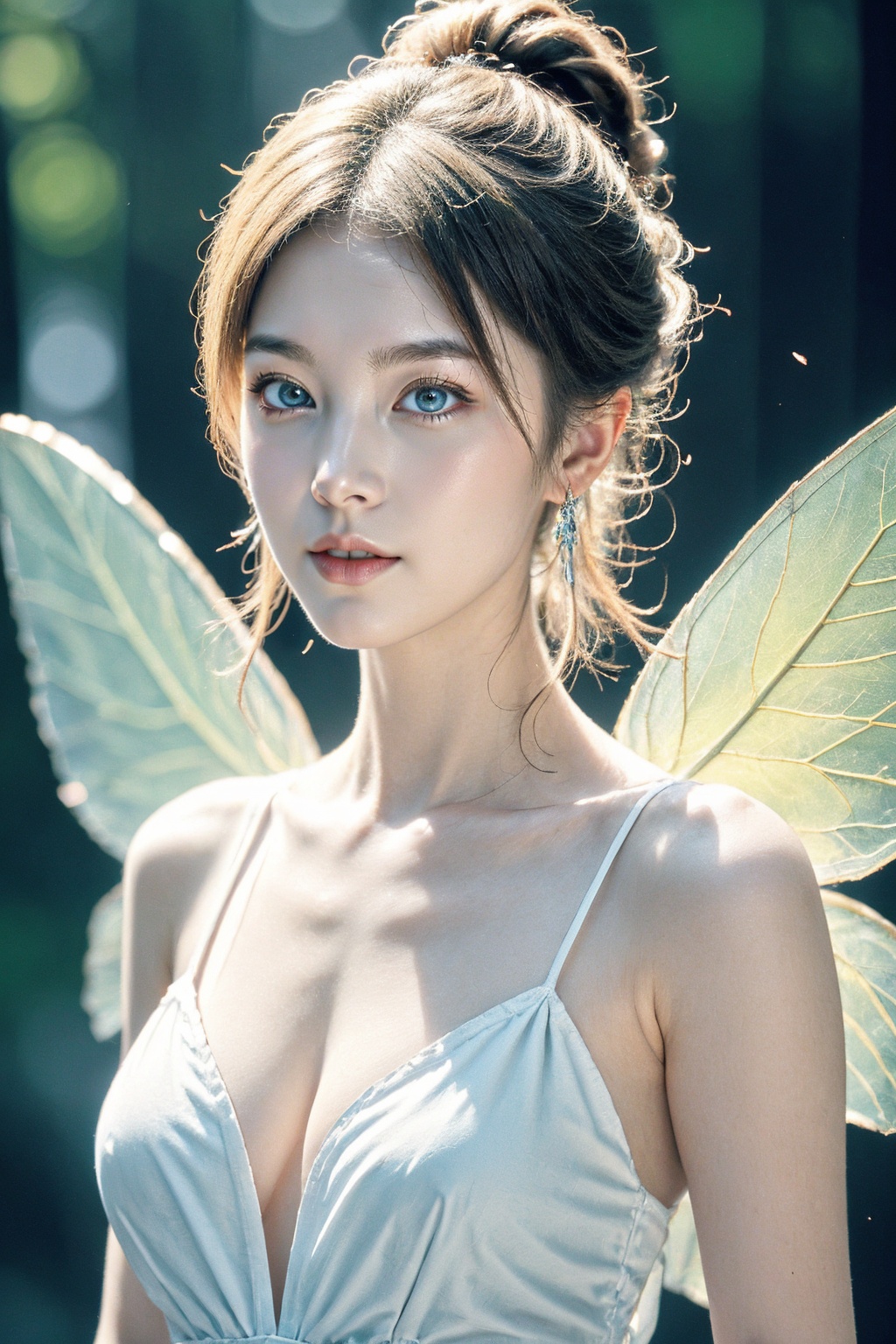 1girl, solo, flower, wings, hair flower, hair ornament, blonde hair, parted lips, realistic, breasts, looking at viewer, upper body, eyelashes, cleavage, hair bun, insect wings, earrings, blue eyes, lips, petals, dress, jewelry, fairy, bug, collarbone, long hair, bare shoulders, white flower, braid, fairy wings, butterfly, teeth, butterfly wings, see-through, single hair bun, nose, white dress, mascara, blurry, floating hair, artist name, sleeveless, forest