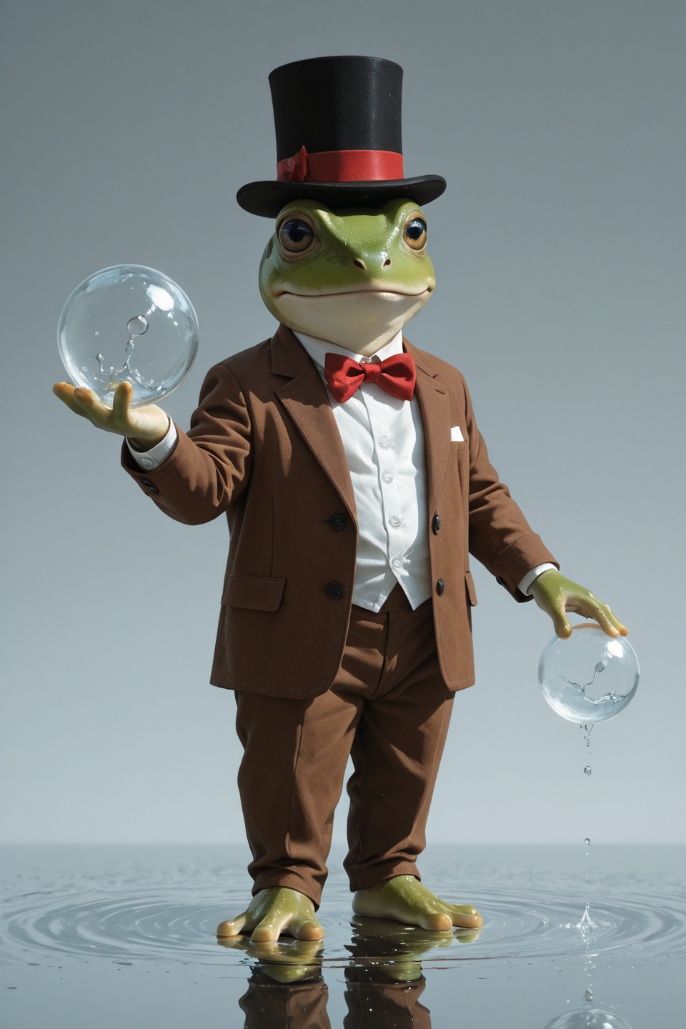 A highly detailed,  realistic CGI image of a frog wearing a top hat and a tuxedo,  standing on a reflective surface. The f...