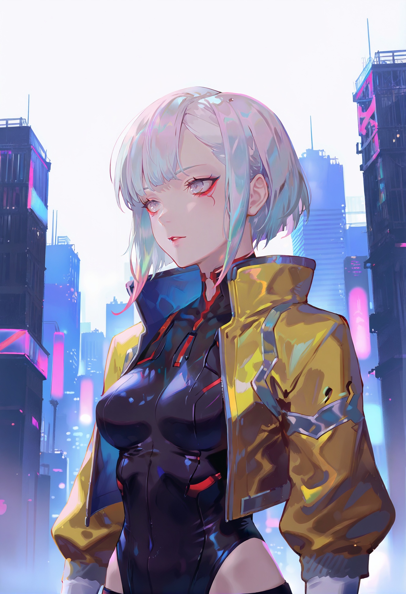 lucy \(cyberpunk\), 1girl, solo, bangs, jacket, upper body, short hair, red eyeliner, open clothes, white hair, bodysuit, multicolored hair, parted lips, cyberpunk, yellow jacket, parted bangs, open jacket, city, breasts, makeup, best quality,amazing quality,very aesthetic,absurdres,masterpiece,