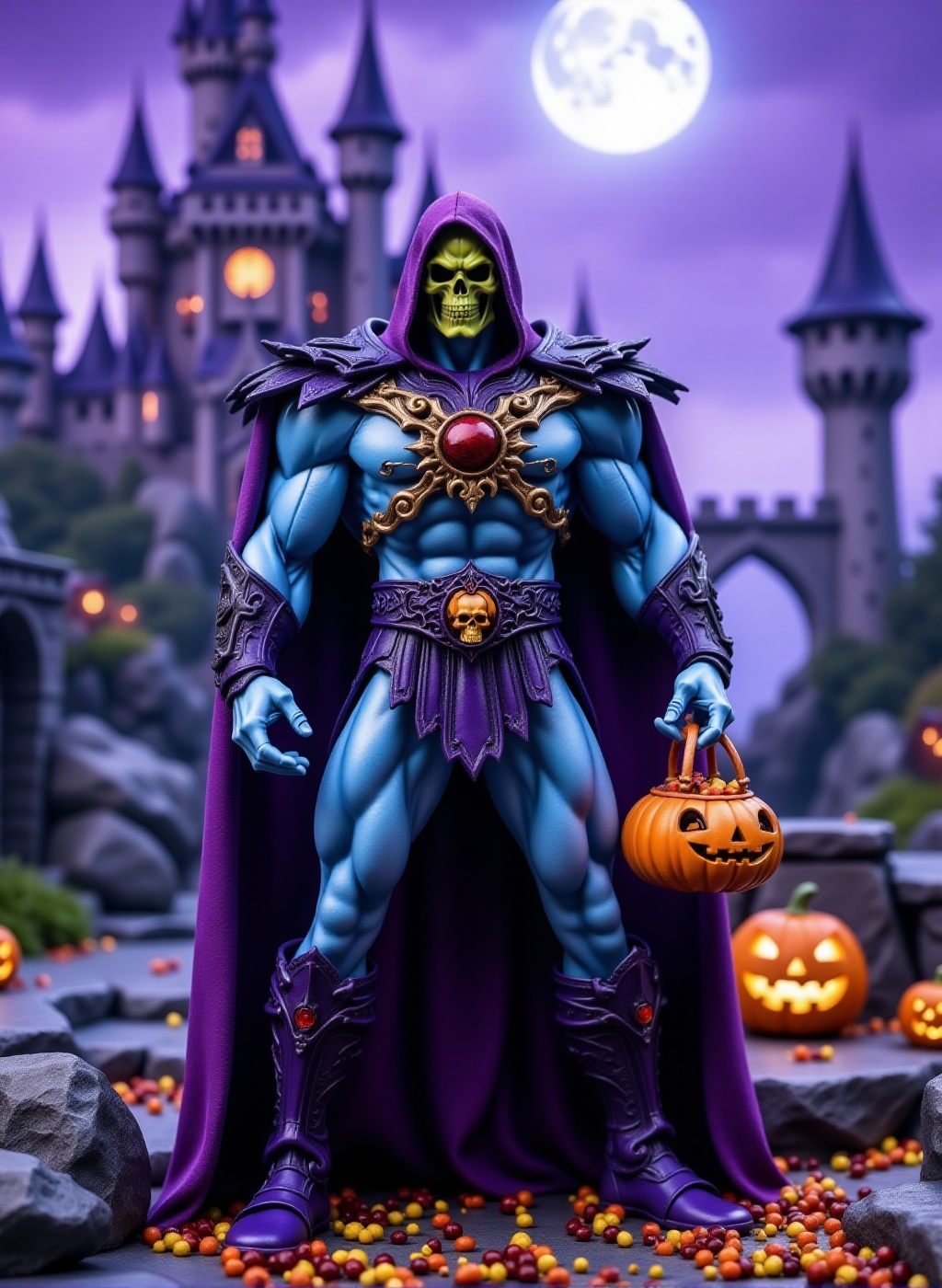 Skeletor,  Skull face and blue skin is standing holding a halloween pumpkin basket filled with candy in front of Grayskull...