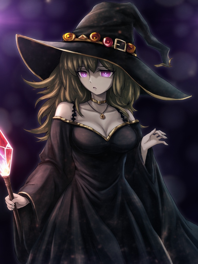 a witch wearing a black dress and witch hat with vibrant purple eyes,  holding a staff with a red crystal flowing with ene...
