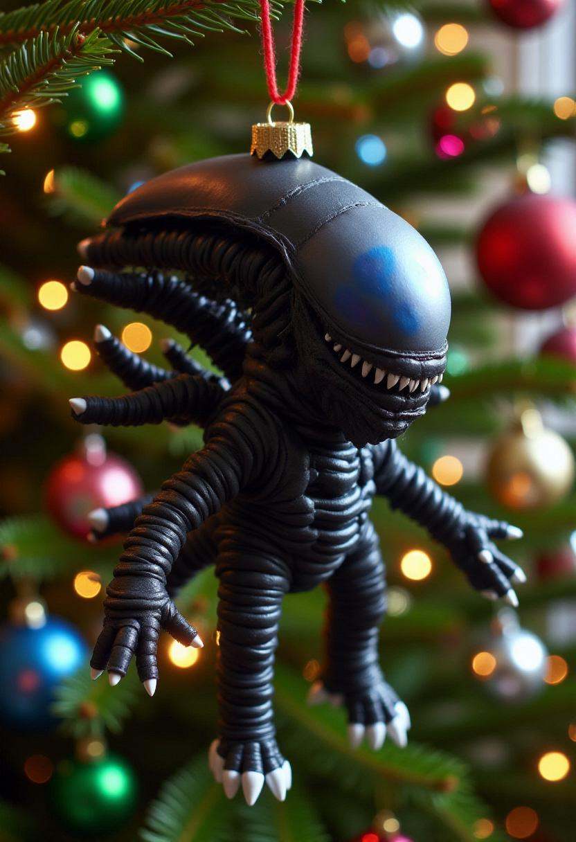 Photograph of a festive,  whimsical,  handmade Christmas decoration in the form of black xenomorph on Tensor.Art