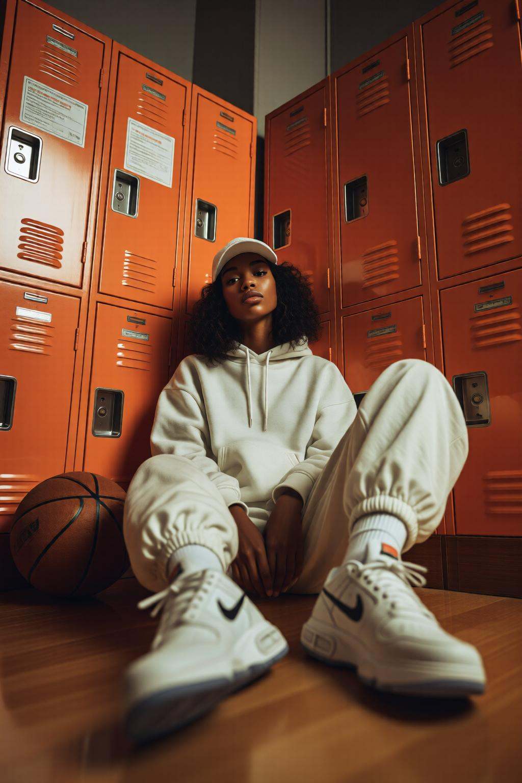 midjourneylowangle11q Low angle shot. A dark skinned woman is sitting on the floor of a gym locker room,  surrounded by or...