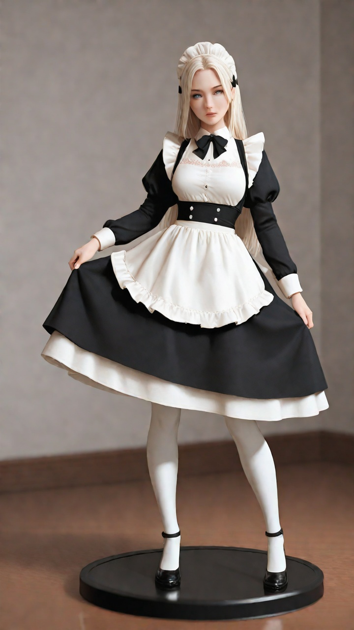 An 8K image with ray-traced lighting. A woman stands in a dynamic pose,  wearing a black and white maid outfit with a blac...