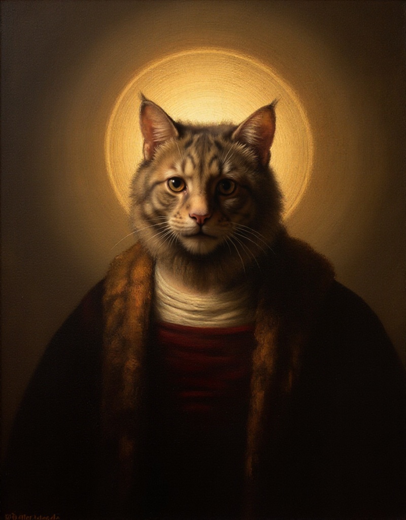 rembrandt style,  painting. a cat is a holy figure with a halo. it's worshiped on Tensor.Art