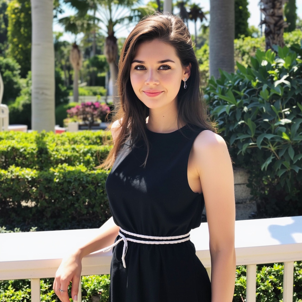 A portrait of elise_trouw outdoors. She wears a black, sleeveless dress with a white belt cinching her waist. Her hair is styled in loose waves and falls to her shoulders. She has a neutral expression and directly gazes at the camera. The background shows a well-maintained garden with palm trees, shrubs, and a white railing. The color palette consists primarily of green, blue, and white.