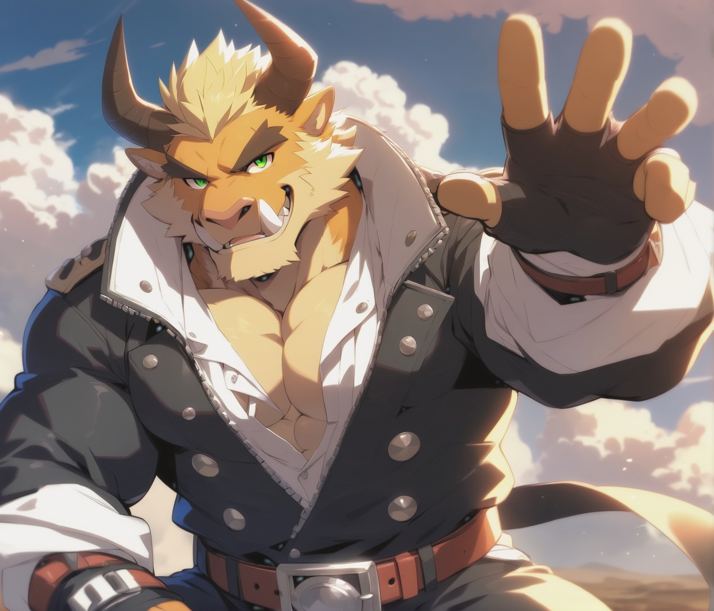 solo, looking at viewer, smile, short hair, blonde hair, shirt, gloves, 1boy, animal ears, green eyes, jacket, white shirt, male focus, cowboy shot, open clothes, horns, belt, pants, cloud, fingerless gloves, open jacket, muscular, thick eyebrows, pectorals, muscular male, bara, furry, large pectorals, gakuran, furry male, tusks, fangs out,body fur,