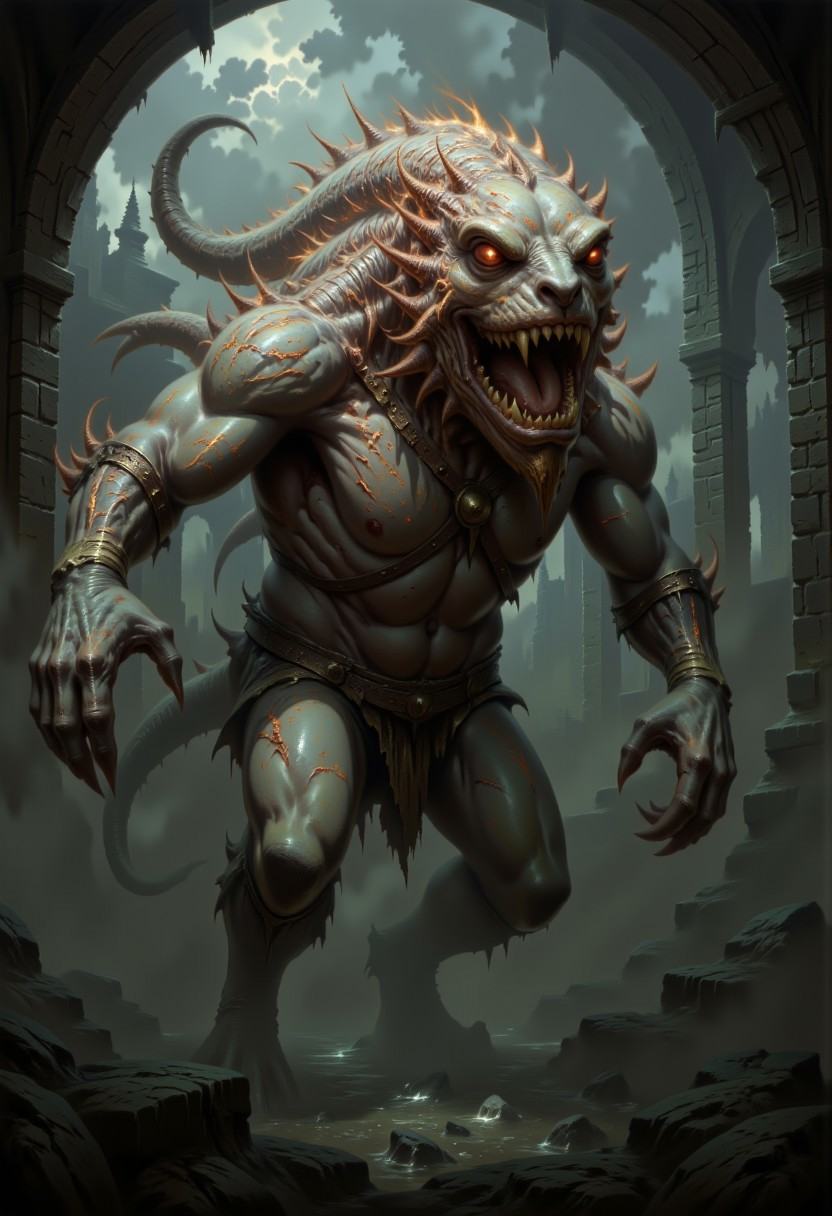 DFOP-V3.0 style dark fantasy oil painting that features dark fantasy creature: A grotesque and massive demon-frog lurks in...