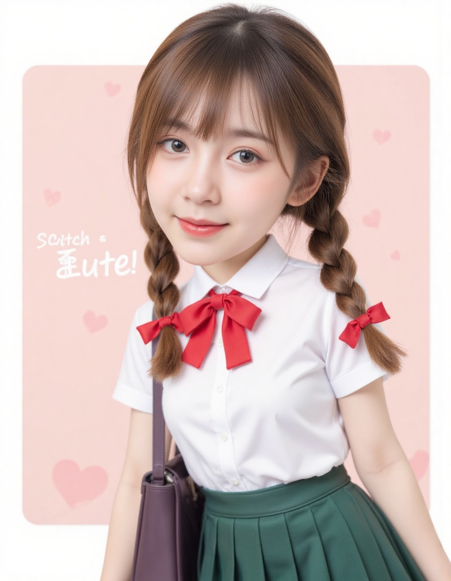 A cheerful young woman,  A young schoolgirl with a big head,  wearing a white blouse with a red bow and a green pleated sk...