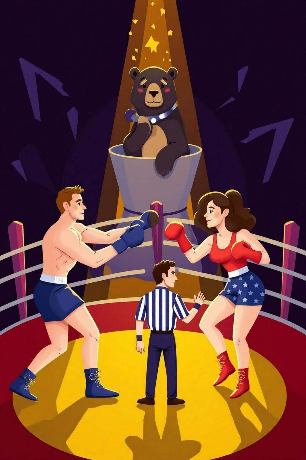 vector art.vector art. A man and a woman boxing in a circus. A black bear is the referee. on Tensor.Art