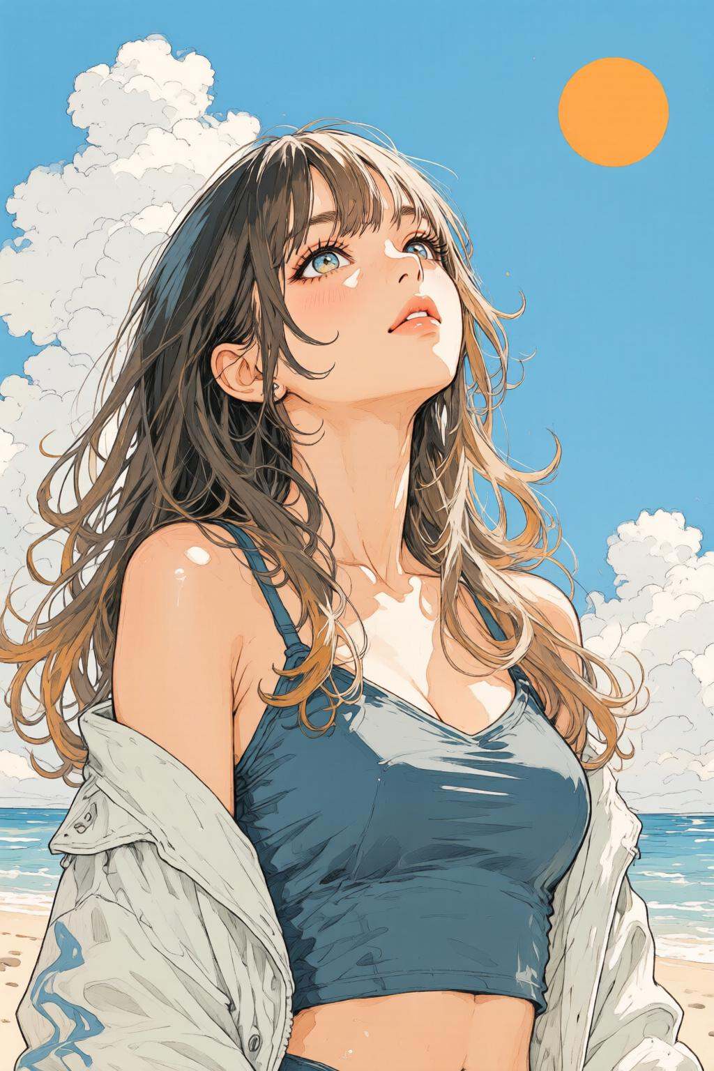 nijiwatercolor1q anime illustration.A young woman is standing on a beach. She has long,  flowing orange hair and is wearin...