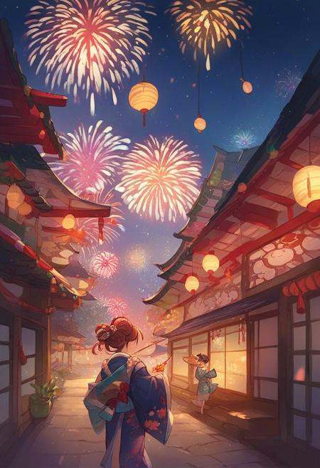 gb_style,  woman in a kimono walking at night in a japanese festival,  food stands on Tensor.Art