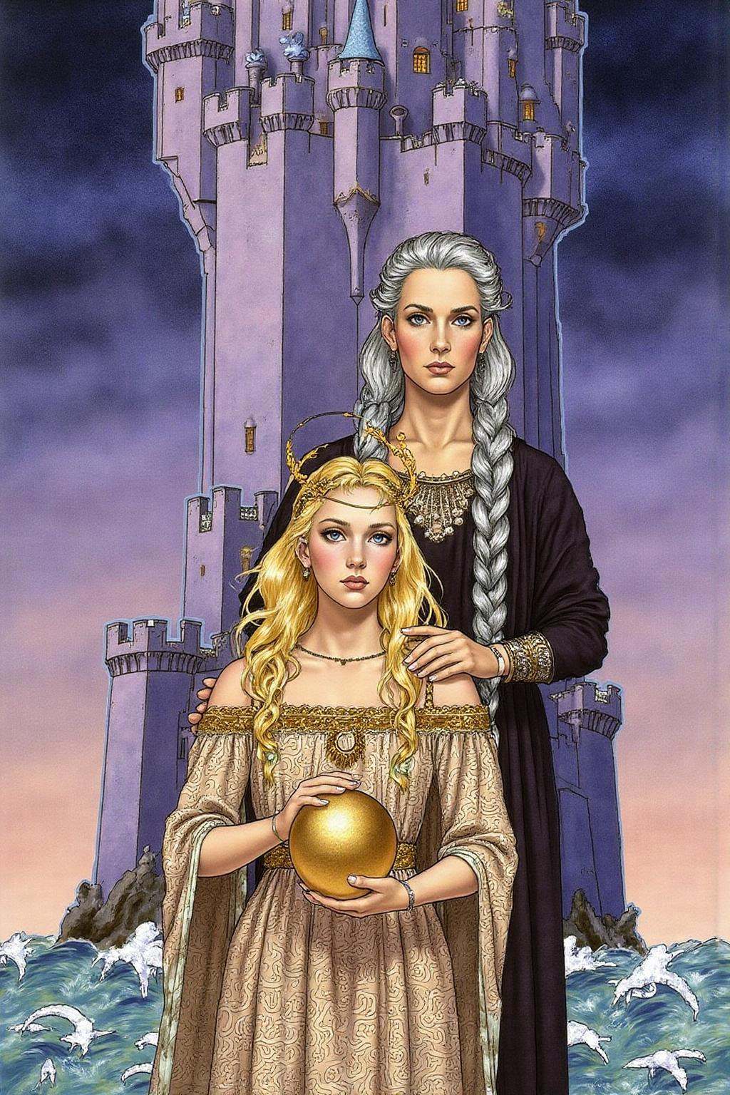 jole1 illustration.Two women standing in front of a towering,  dark grey castle with multiple turrets and battlements,  se...