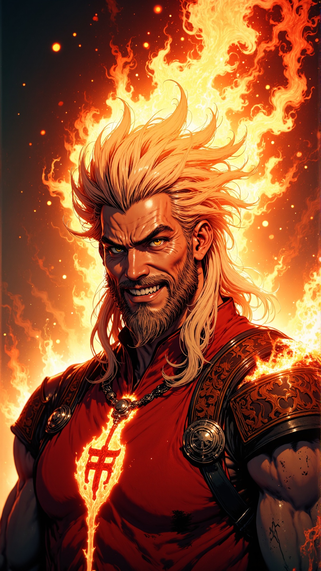 A vertical,  ultra-detailed portrait of a rugged,  wild-haired man radiating intense warmth and confidence. He has a broad...