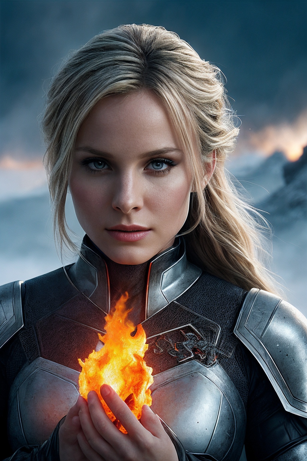 KristenB_SoloTI_v1,  (In a form-fitting silver and black battle suit,  her skin pale and frosted on Tensor.Art