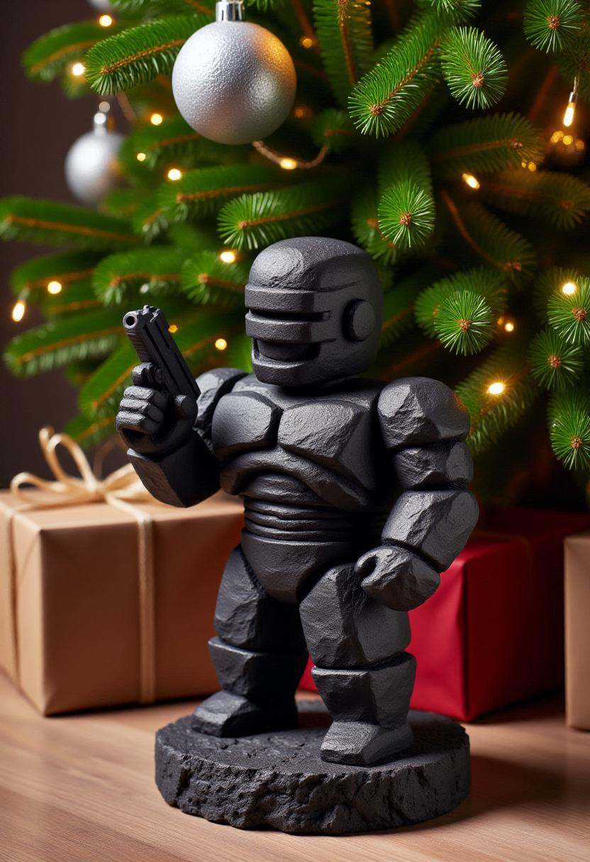 The image is a photograph of a simplistic coal statue of Robocop holding a pistol,  sitting under a Christmas tree. on Ten...