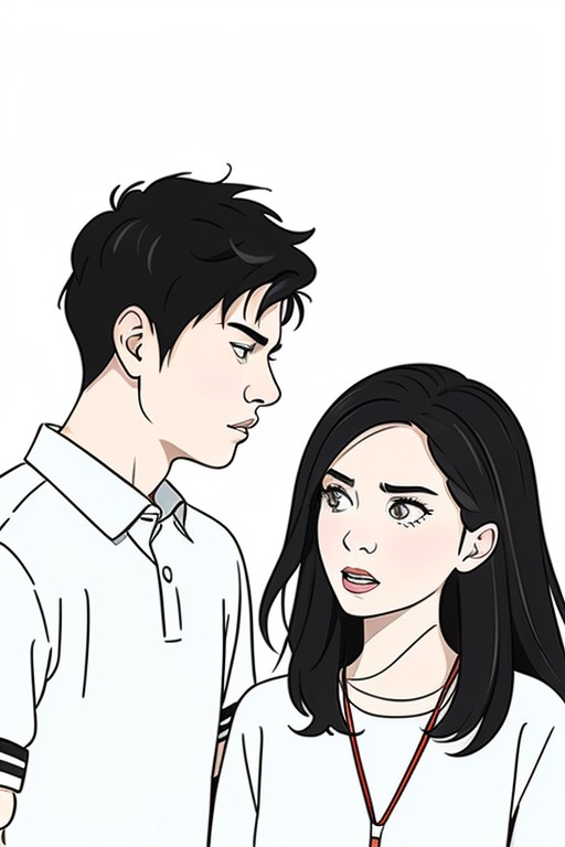 简笔画,A man and a woman are talking,looking angry,Black Hair,cartoons,etc.,with diffuse style,simple strokes,line sketches,light color rendering,flat painting,hand-painted cartoon style,(white_background),