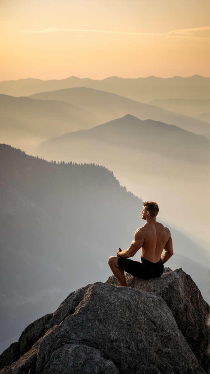 A powerful yet serene image captures a muscular man in form-fitting activewear,  perfectly balanced in meditation pose ato...