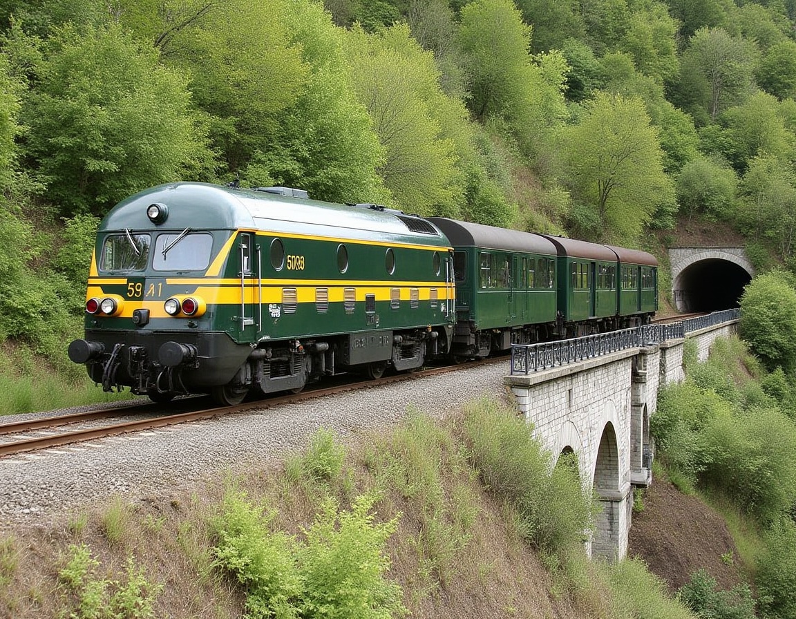 SNCB Series 59 diesel locomotive in green livery.Capture a vintage train,  No. 5941,  traveling across an elegant stone br...