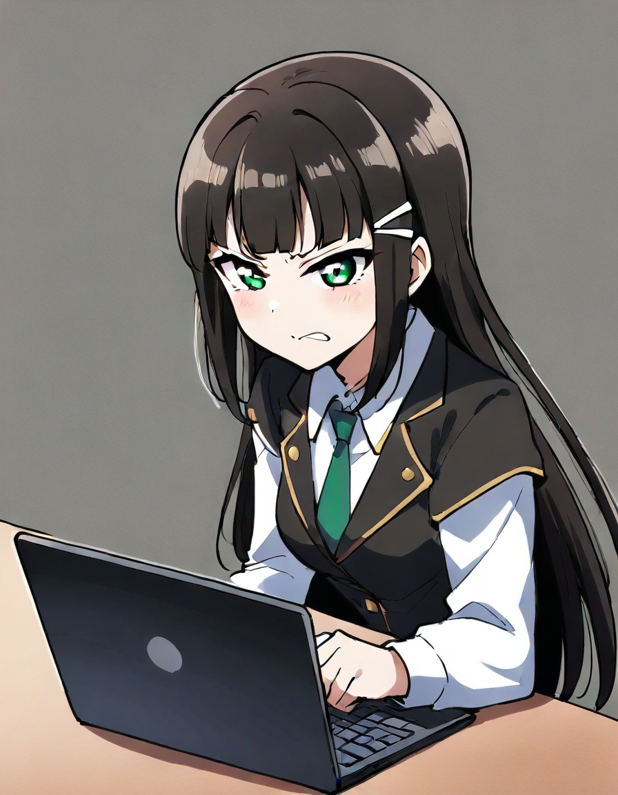 1girl, kurosawa dia, love live!,zmgwshnmspfd, black hair, mole, bangs, mole under mouth, hair ornament, blunt bangs, green eyes, long hair, hairclip, sidelocks, laptop, angry, holding mouse \(computer\), green necktie, blush, v-shaped eyebrows, white background, vest, straight hair, black vest, shirt, upper body, computer, solo, collared shirt, simple background, holding, keyboard \(computer\), necktie, long sleeves, white shirt, looking at viewer, furrowed brow, teeth, clenched teeth<lora:nsnsns:1>​​​