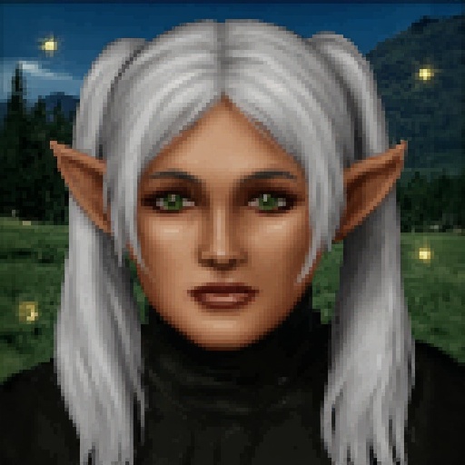 JA2 style portrait of an elf sorceress Frieren. She has pointy ears,  green eyes,  and white hair with twintails. At the b...