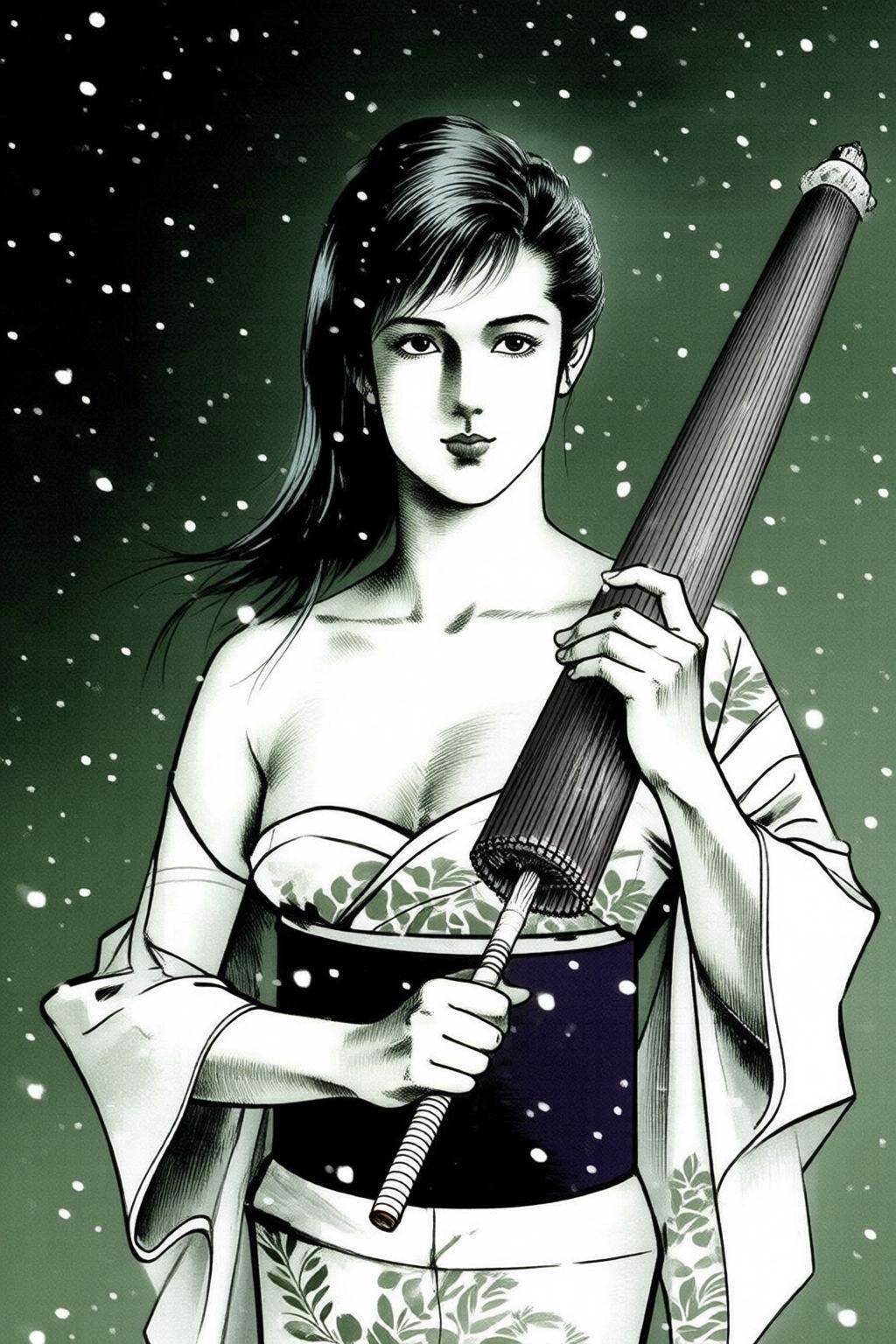 ryoichiikegami2q illustration. Black and white drawing.A woman standing against a dark green,  gradient background that si...