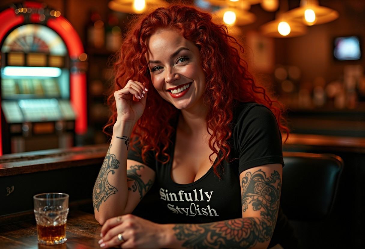 A medium shot photograph at 1:00 AM,  showing a curvy 30-year-old woman with long curly red hair and dark green eyes at a...