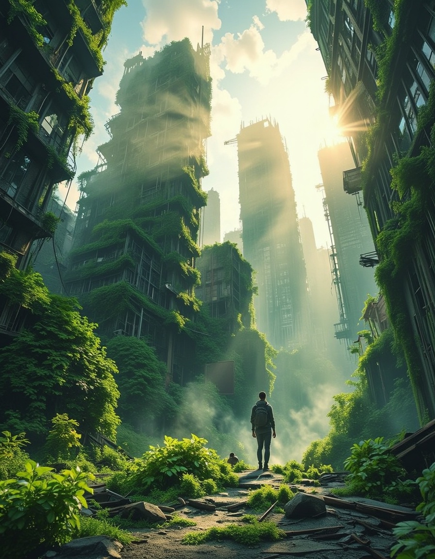 city ruins skyline,  skyscrapers,  god rays on Tensor.Art