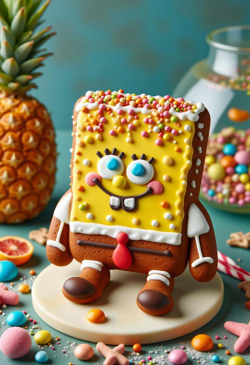 This is a photograph of a intricately decorated gingerbread SpongeBob Squarepants,  placed in a fish bowl next to a pineap...