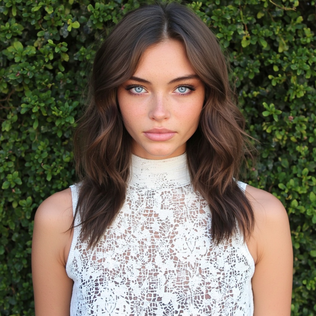 A portrait of sydney_melman with shoulder-length, wavy brown hair and striking blue eyes. She wears a white lace sleeveless top with a high neckline. The background is a lush green foliage, indicating a garden or park setting. The woman's gaze is direct and intense, and her expression is calm. The image style is contemporary, emphasizing natural beauty and elegance.