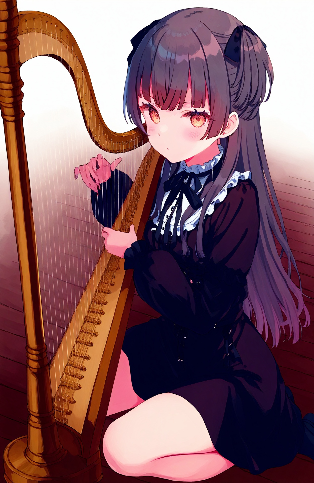 1girl,solo,kuse \(0201\),cream \(nipakupa\),hiten \(hitenkei\),rurudo,weri,toosaka asagi,mayuzumi fuyuko,playing instrument,<lora:instrumentsXL:1>,harp,, masterpiece, newest, absurdres,safe