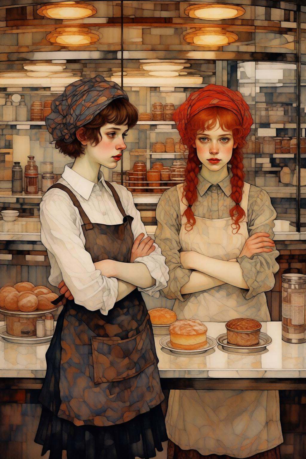 kaoruyamada2q painting. Two young women stand behind a bakery counter. On the left stands a woman with short brown hair,...